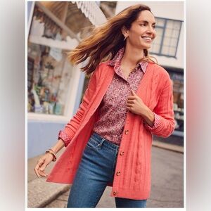 Talbots Cable Knit Cardigan V-neck Buttons Long Sleeve Pink Wool Blend Preppy